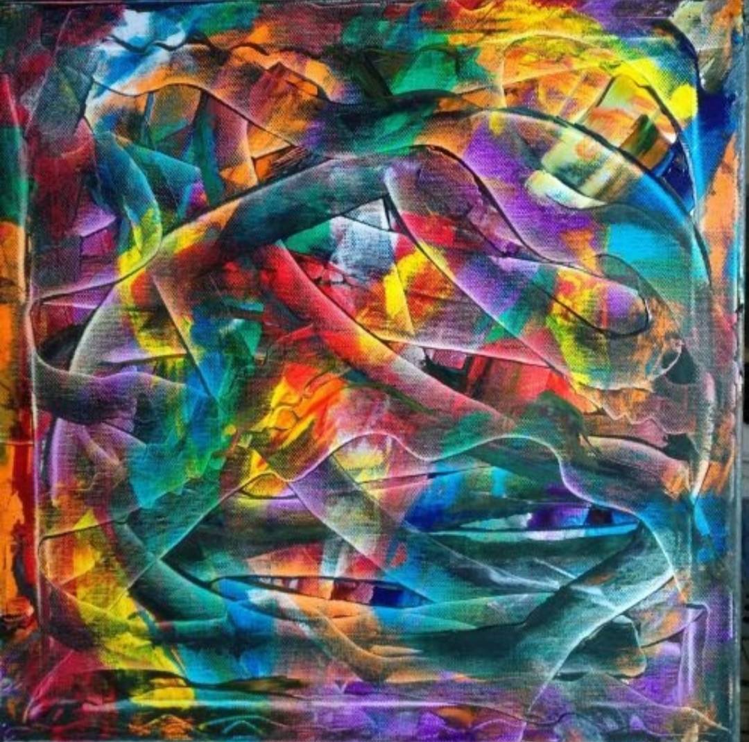 Abstract oil painting called fusion of colour for sale by Irish artist